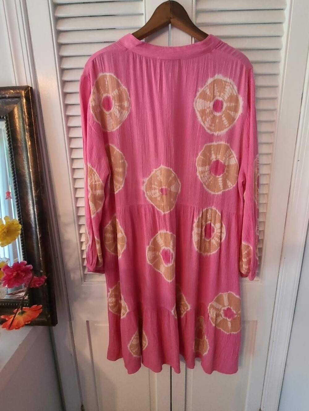 Charlie Paige Pink Tie Dye Tiered Boho Peasant Dress Long Sleeve Size L - Picture 3 of 8